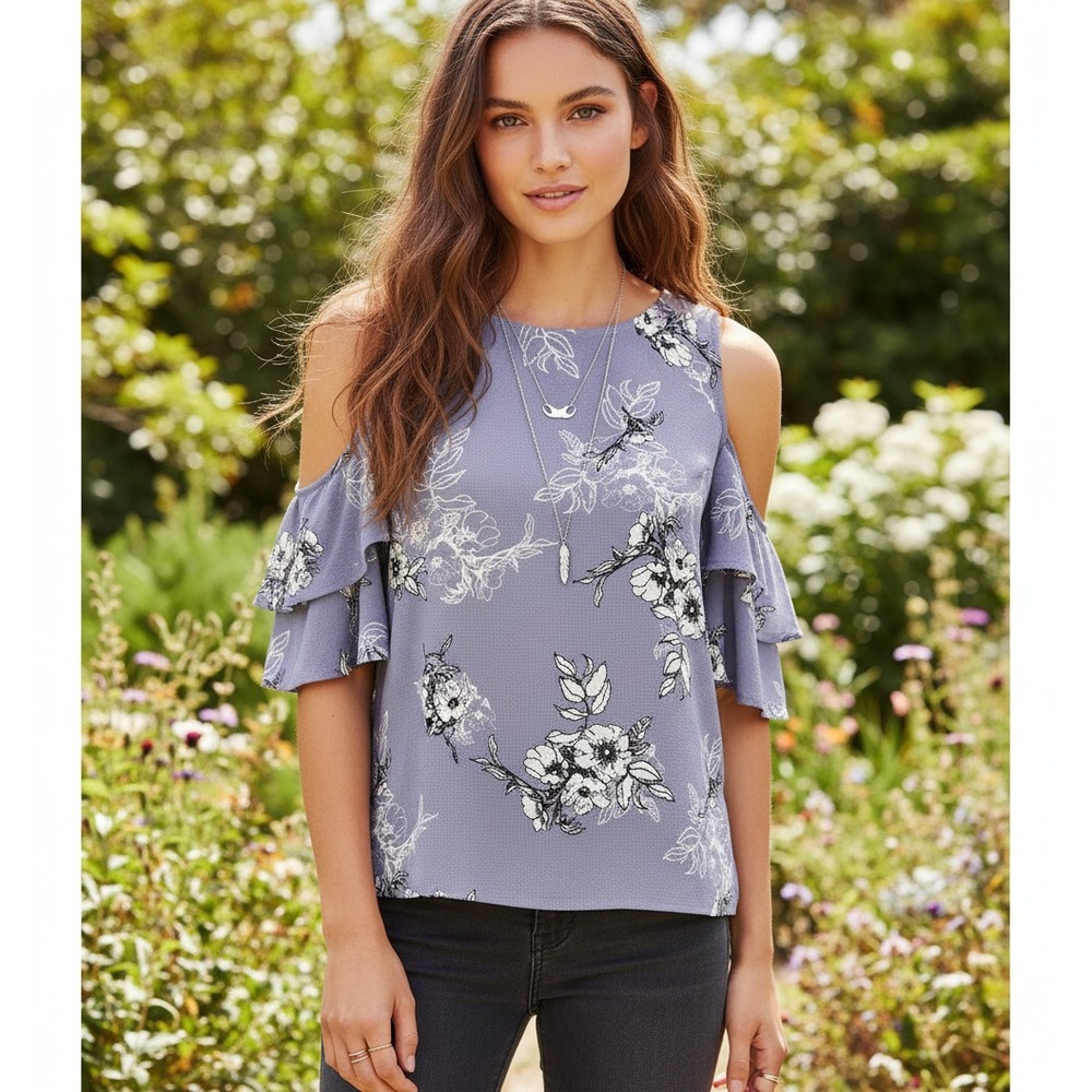 Rewind M Top‎ Cold Shoulder Flutter Purple Cottage Boho Coquette Whimsy Floral